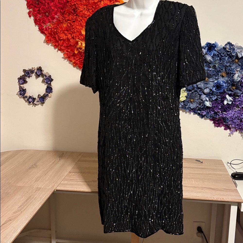 Vintage 90’s Mark & John By Gopal Sequin Dress Black Beaded Open Back Cutout - Picture 3 of 16